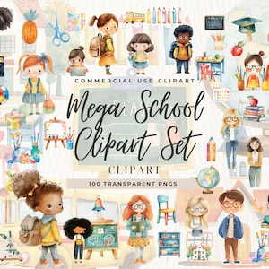 Clipart de fournitures scolaires Aquarelle, École primaire, Fournitures, Rentrée des classes, Enseignant, Salle de classe, Bureau, Autobus scolaire à l'arrêt, Publicité