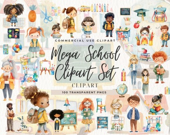 School Supply Clipart Watercolor, Elementary School, Supply, Back To School, Teacher, Classroom, Study, Stationary School Bus, Commercial