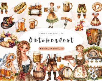 Clipart de acuarela de Oktoberfest, descarga digital instantánea, álbum de recortes, festival de la cerveza, happy hour, gráficos de cerveza y cerveza tipo ale, uso comercial en Múnich