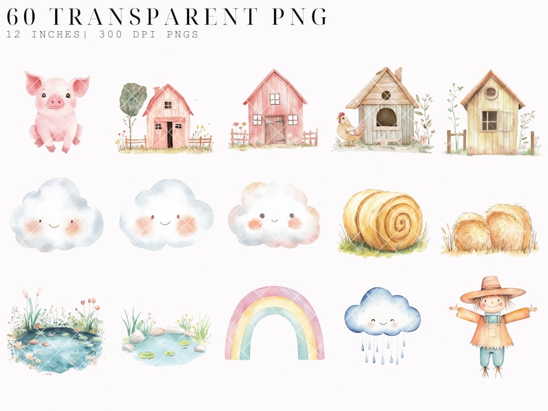 Watercolor Cute Farm Clipart, Cute Animals, Nursery Art, Baby Shower ...