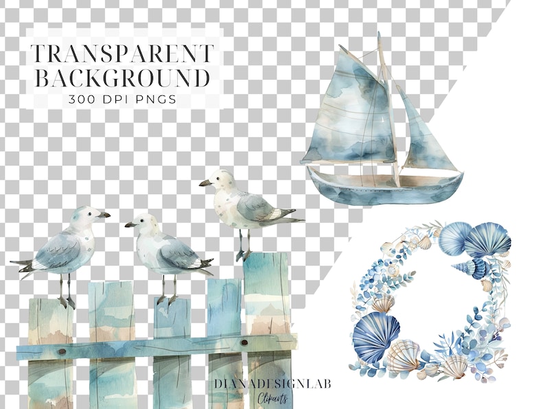 Op de afbeelding: Een set aquarel illustraties met een zeilboot, meeuwen die op een houten hek zitten en een krans van schelpen en eucalyptusbladeren. De illustraties zijn in tinten blauw en wit, met een transparante achtergrond.
