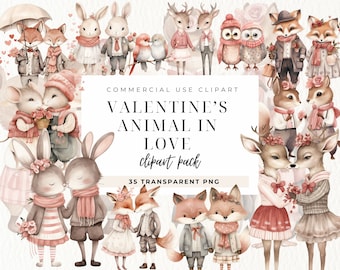 Watercolor Valentine&#39;s Day clipart, Love Clipart, Couple Animals, Romantic Wedding PNG, Boho Valentine Clipart, Baby shower, Nursery Decor