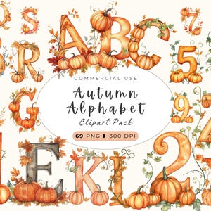 秋のアルファベット クリップアート、カボチャと花の水彩画の秋、テラコッタ、ABC、数字、心地よい秋、秋の文字、感謝祭の落書き、123