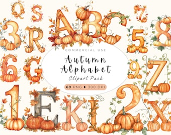 Autumn Alphabet Clipart, Pumpkins and Flowers Watercolor Autumn, Terracota, ABC, Numbers, Cozy Fall, Autumn Letter, Thanksgiving Doodle, 123