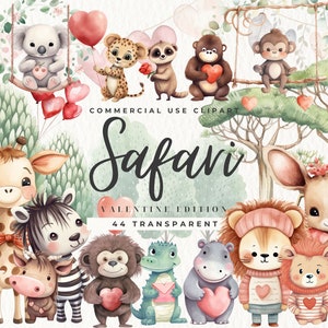 Safari Walentynki clipart, Małe zwierzęta, Romantyczna grafika, Słodkie zwierzę, Pobieranie cyfrowe, Serce, Słoń, Nosorożec, Małpa, Żyrafa