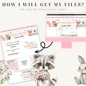 May include: A pink and white digital illustration of a raccoon holding a bouquet of flowers. The raccoon is looking at the viewer. The image is a digital download for a clipart store. The text on the image says "DianaDesignLab" and "Buy 5 Save 70%".