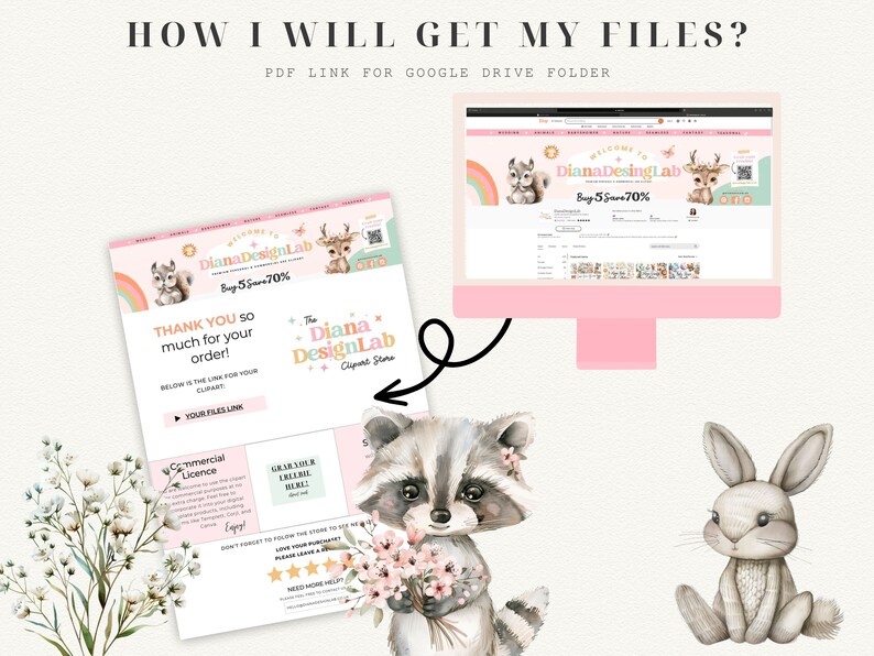 May include: A pink and white digital illustration of a raccoon holding a bouquet of flowers. The raccoon is looking at the viewer. The image is a digital download for a clipart store. The text on the image says "DianaDesignLab" and "Buy 5 Save 70%".