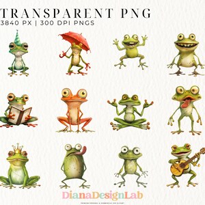 Puede incluir: Un conjunto de 21 ilustraciones digitales de ranas de dibujos animados en varias poses. Las ranas son verdes, naranjas y marrones con diferentes expresiones y accesorios, como un gorro de fiesta, un paraguas, un libro, una corona, una guitarra y una lengua que sobresale. Las ilustraciones est&aacute;n sobre un fondo blanco.