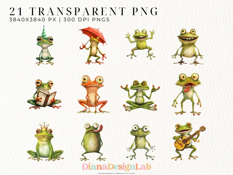 Puede incluir: Un conjunto de 21 ilustraciones digitales de ranas de dibujos animados en varias poses. Las ranas son verdes, naranjas y marrones con diferentes expresiones y accesorios, como un gorro de fiesta, un paraguas, un libro, una corona, una guitarra y una lengua que sobresale. Las ilustraciones est&aacute;n sobre un fondo blanco.