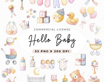 May include: Watercolor illustration with baby-themed elements. Includes baby clothes, toys, and accessories in pastel colors. Features a crib, stroller, blocks, and the text "Hello Baby".