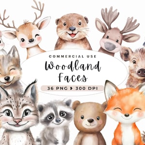 Aquarell Wald Porträts Clipart, süße Tiere Gesichter, Tiere Baby, Baby-Dusche einladen, Wald Kindergarten, Boho Waldtier Clipart