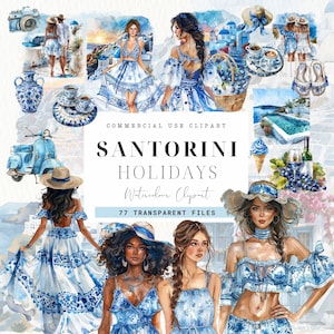 Clipart Santorin, Junk Journal, Santorin, Grèce, usage commercial, aquarelle méditerranéenne, vacance girl, bleu et blanc, côte amalfitaine