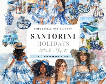Santorini Clipart, Junk Journal, Santorini Greece, Commercial Use, Mediterranean Watercolor, Vacation girl, Blue and White, Amalfi coast