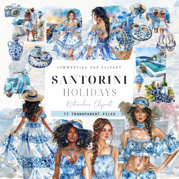 Santorini Clipart, Junk Journal, Santorini Greece, Commercial Use, Mediterranean Watercolor, Vacation girl, Blue and White, Amalfi coast