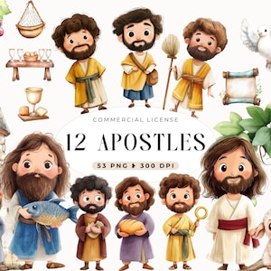 12 Apostel Clipart, Biblische Figuren Geschichten, Abendmahl, Religiöse Aquarell Bilder, Altes Testament, Kinder Bibelstudie, Kommerzielle Nutzung