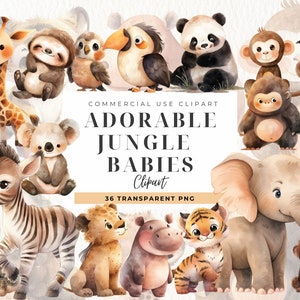 Clip Art de animais da selva para bebês, arte de berçário, chá de bebê, design de criança fofa, animais em aquarela, pequenos animais, safari selvagem, uso comercial