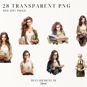 May include: A set of digital illustrations featuring watercolor-style portraits of people reading books. The illustrations are in a soft, muted color palette and feature a variety of characters, including women with long hair, a man with glasses, and a man with a beard. The illustrations are perfect for use in digital scrapbooking, card making, and other creative projects.