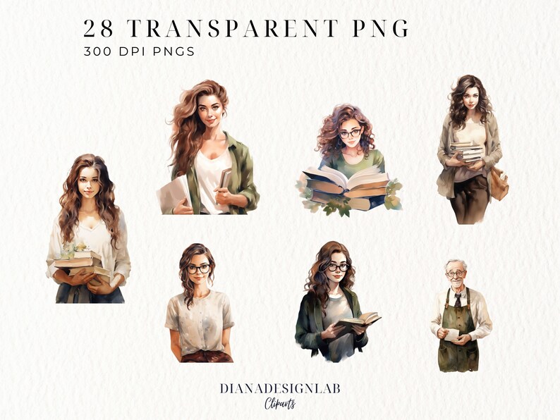 May include: A set of digital illustrations featuring watercolor-style portraits of people reading books. The illustrations are in a soft, muted color palette and feature a variety of characters, including women with long hair, a man with glasses, and a man with a beard. The illustrations are perfect for use in digital scrapbooking, card making, and other creative projects.