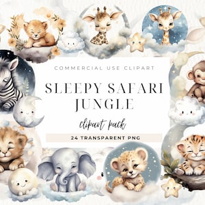 Aquarelle jungle bébé cliparts, baby shower garçon, clipart chambre d'enfant, Safari endormi, images clipart Lion, baby shower jungle, bébé éléphant