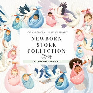 Clipart bébé cigogne, clipart nouveau-né garçon, arrivée de bébé PNG, bébé fille, cigogne portant un bébé, baby shower, usage Commercial