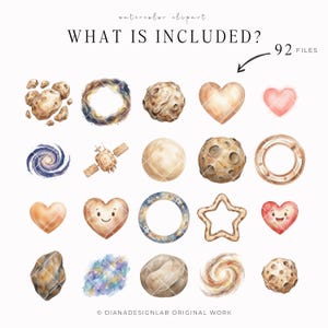 May include: Watercolor clipart featuring celestial bodies, including planets, asteroids, galaxies, and hearts. The image includes the text "WHAT IS INCLUDED?" and "92 FILES". The artwork is in soft, muted colors.