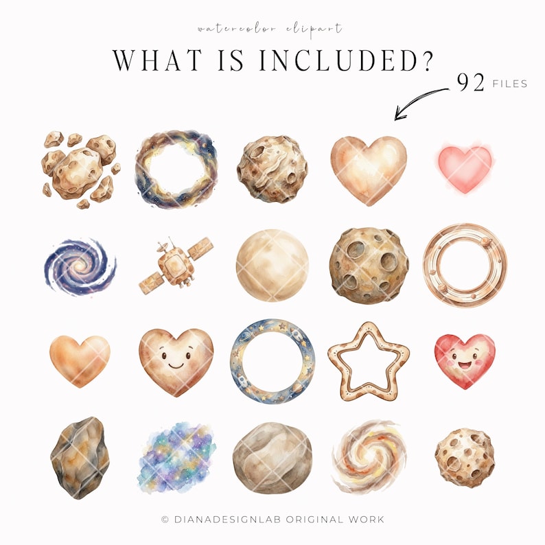 May include: Watercolor clipart featuring celestial bodies, including planets, asteroids, galaxies, and hearts. The image includes the text "WHAT IS INCLUDED?" and "92 FILES". The artwork is in soft, muted colors.