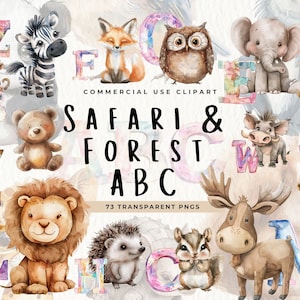 Imágenes Prediseñadas de animales y alfabeto, imágenes prediseñadas de letras, bosque de niebla, bosque, safari, animales de la A a la Z, letras garabateadas, niños, guardería, enseñanza, PNG