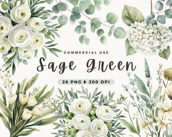 Sage Green Flowers Clipart, Watercolor Greenery, Elegant White Rose And Eucalyptus, Botanical Art, Leaves, Wedding Invitation, Digital