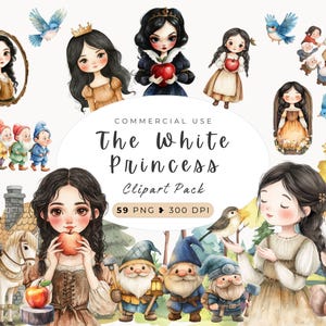 Schneewittchen Aquarell Clipart, Prinzessin Boho, Märchen-Kinderzimmer, sieben Zwerge, Sofort Download, böse Königin, Waldtiere, kommerzielle Nutzung