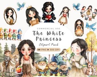 Snow White Watercolor Clipart, Princess Boho, Fairy Tale Nursery, Seven Dwarfs, Instant Download, Evil Queen, Forest Animals, Commercial Use