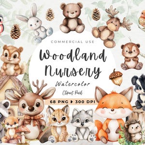 Clipart per la scuola materna dell'acquerello nel bosco, decorazione della scuola materna, simpatici animaletti, volpe, orso, cervo, gufo, coniglietto, procione, scoiattolo, decorazione per la doccia per bambini