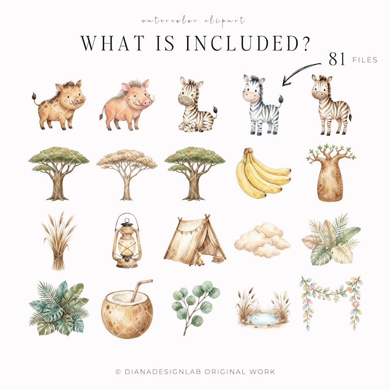 Watercolor Safari Animals Clipart Set, Jungle Nursery Baby PNG Bundle ...