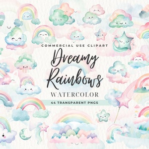 Clipart acquerello nuvola e arcobaleno, download istantaneo, biglietto d'auguri ClipArt stelle, download digitale, arredamento per la scuola materna, baby shower pastello