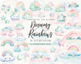 Cloud and Rainbow Watercolor Clipart, Instant Download, Stars Clip Art Greeting Card, Digital Download, Nursery Decor, Pastel Baby shower