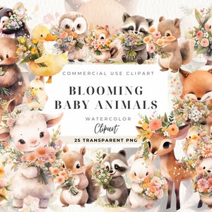 Clipart aquarelle printanière de bébés animaux, bouquet de fleurs, lot printanier, décoration de chambre d'enfant, lapin de Pâques, fabrication de cartes, bébés animaux mignons, printemps