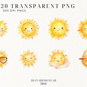 May include: Set of 20 watercolor illustrations of smiling suns in various poses, including sunglasses, a hat, and a cloud. The suns are yellow with orange accents and have a cartoon-like style. The illustrations are perfect for adding a touch of sunshine to your designs.