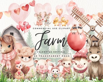 Farm Valentines Clipart, Baby animals, Romantic clip art, Watercolor Cute Animal, Digital Download, Heart, Donkey, Llama, Commercial Use