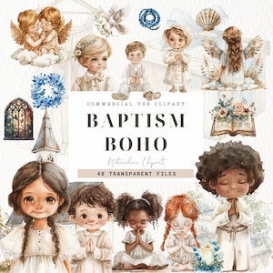 Boho Taufe Clipart, Aquarell Erstkommunion, Pastell Neutral, Taufe, Bibel, Religion, Rosenkranz, Kirche, Mädchen, Junge, kommerzielle Nutzung