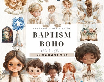 Boho Baptism Clipart, Watercolor First Communion, Pastel Neutral, Christening, Bible, Religion, Rosary, Church, Girl, Boy, Commercial Use