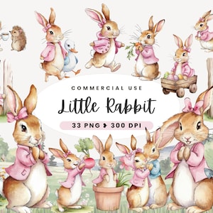 Peter Rabbit Schwester Clipart, Babyparty-Design, Kartenherstellung, Aquarell Flopsie Bunny, Süßes Kaninchen, Beatrix Potter, Frühling, Junk Journal