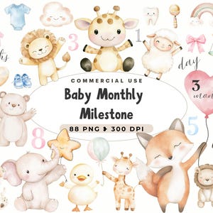 Baby monatlich Meilenstein Clipart, monatliches Wachstum Kunstwerke, Kinderzimmer Dekor, Baby-Dusche-Geschenk, Baby Tier mit Ballons Png, kommerzielle Nutzung