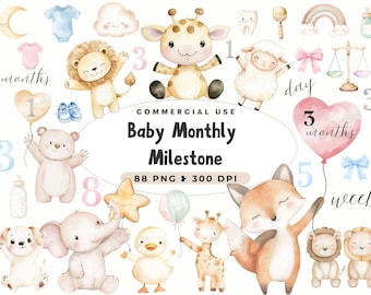 May include: A set of watercolor illustrations for baby milestones, featuring animals, balloons, and numbers. The illustrations are perfect for creating baby monthly milestone cards or scrapbook pages.