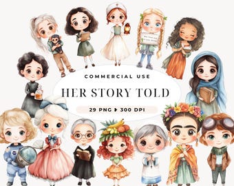 Imágenes prediseñadas de mujeres inspiradoras, mujeres que cambiaron el mundo, grandes mujeres de la historia, imágenes PNG femeninas, arte para niños, uso comercial, poder femenino