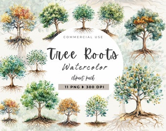 Watercolor Tree With Roots Clipart, Tree Of Life Art, Life Element, Transparent Background, Family Tree, Commercial Use, Junk Journal