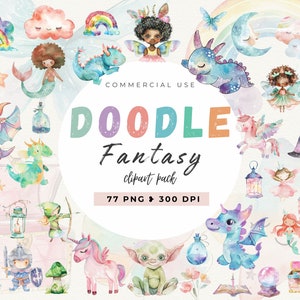 Fantasy Doodle Clipart, Einhorn, Drachen, Geburtstag, Kinderzimmer Dekor, Babyparty Clipart, digitaler Download, kommerzielle Nutzung, Cute Doodle Fee