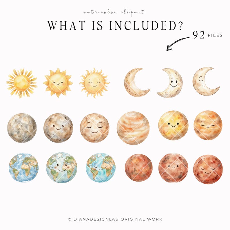 May include: Watercolor clipart set featuring smiling suns, moons, planets, and Earth illustrations. The celestial bodies are in shades of yellow, brown, and blue. The text "WHAT IS INCLUDED?" is at the top.