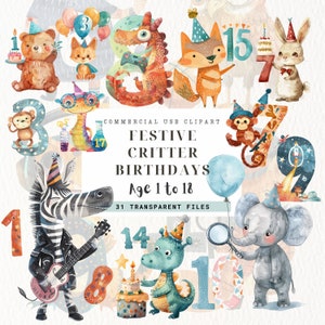 Clipart con numeri di compleanno per animali, età da 1 a 18 anni, animali fantastici, arte della parete della scuola materna, sublimazione per bambini, download digitale, decorazioni per il compleanno dello zoo