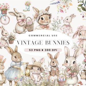 Clipart lapin vintage aquarelle, Cottagecore printanier, jolie fête d'anniversaire, baby shower, journal indésirable, lapins bohèmes, Pâques, usage commercial