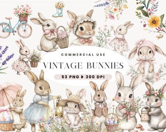 Watercolor Vintage Bunny Clipart, Spring Cottagecore, Cute Birthday Party, Baby Shower, Junk Journal, Boho Bunnies, Easter, Commercial Use
