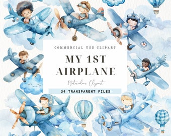 Watercolor Airplane Clipart, Baby Boy, Vintage Toys Nursery Decor, Airplane Clipart, Summer Holiday, Travel Nursery, Digital Download, Pilot